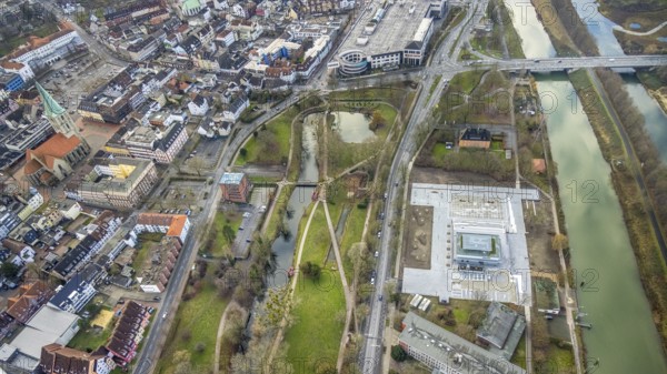 Aerial view construction area new water sports centre on Adenauerallee at Hammonense grammar school with transition to Nordring and Hans-Böckler-Platz in Hamm, Ruhr area, North Rhine-Westphalia, Germany, construction work, construction vehicles, construction area, construction site, building plots, construction crane, construction measure, construction project, construction site, DE, Datteln-Hamm Canal, development, Europe, Hamm, canal edge, aerial view, aerial photograph, aerial photography, aerial photography, Rhine-Ruhr metropolitan region, new construction, overview, bird's-eye view, overview