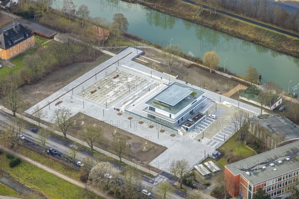 Aerial view construction area new water sports centre at the Adenauerallee at the Hammonense grammar school in Hamm, Ruhr area, North Rhine-Westphalia, Germany, construction work, construction vehicles, construction area, construction site, building plots, construction crane, construction measure, construction project, construction site, DE, Datteln-Hamm Canal, development, Europe, Hamm, canal edge, aerial view, aerial photograph, aerial photography, aerial photography, Rhine-Ruhr metropolitan region, new construction, shipping, Hamm lock, overview, bird's-eye view, overview