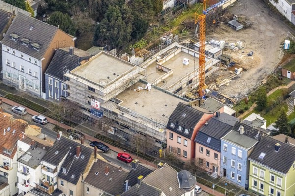 Aerial view construction site kindergarten Wilhelmstraße in Hamm, Ruhr area, North Rhine-Westphalia, Germany, construction work, building, construction area, building site, building plots, construction project, construction site, DE, Europe, Hamm, kindergarten, day-care centre, day-care centre, day-care centre, aerial photograph, aerial photograph, aerial photography, aerial photography, Rhine-Ruhr metropolitan region, new building, overview, bird's eye view, Wilhelmstraße 61-65, birds-eyes view, overview