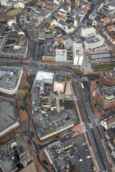 Aerial view city centre view commercial buildings Bahnhofstraße in Hamm, Ruhr area, North Rhine-Westphalia, Germany, federal road B63, City, DE, Europe, commercial buildings, Hamm, city centre, aerial view, aerial photograph, aerial photography, aerial photography, Rhine-Ruhr metropolitan region, city centre, overview, bird's eye view, bird's eye view, overview
