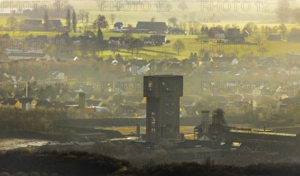 Aerial view with hammerhead tower in Ost Zeche Heinrich Robert colliery, CreativRevier in Wiescherhöfen, Hamm, Ruhr area, North Rhine-Westphalia, Germany, mine, Heinrich Robert colliery, DE, Europe, commercial enterprises, commercial area, commercial park, commercial location, commercial use, industrial plants, industrial area, industrial building, industrial site, aerial view, aerial photograph, aerial photography, aerial photography, Rhine-Ruhr metropolitan region, coal mine, tower, overview, bird's-eye view, birds-eyes view, former Ost colliery, historical, historical site, overview, destroyed building