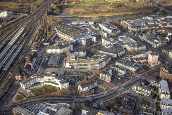 Aerial view Hamm main station with city centre view in Hamm, Ruhr area, North Rhine-Westphalia, Germany, railway tracks, railway station, DE, Deutsche Bahn AG, Europe, railway tracks, Hamm, Hamm (Westf) main station, Hbf, aerial view, aerial photograph, aerial photography, aerial photography, Rhine-Ruhr metropolitan region, overview, bird's-eye view, overview