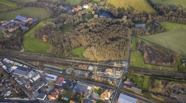 Aerial view Hamm-Bockum-Hövel railway station with surroundings in Hamm, Ruhr area, North Rhine-Westphalia, Germany, railway tracks, railway station, DE, Deutsche Bahn AG, Europe, railway tracks, Hamm, aerial view, aerial photograph, aerial photography, aerial photography, Rhine-Ruhr metropolitan region, overview, bird's-eye view, overview