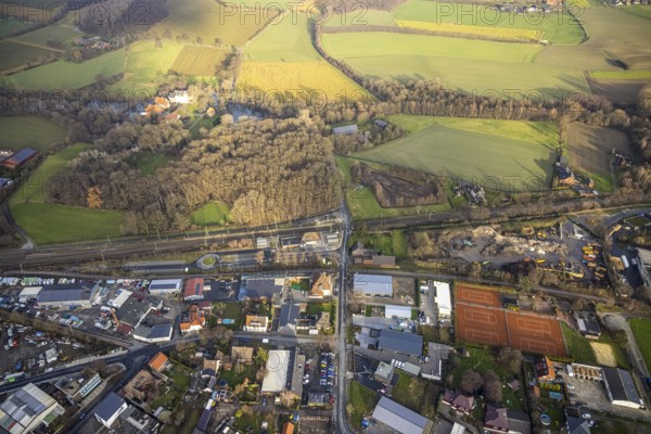 Aerial view Hamm-Bockum-Hövel railway station with surroundings in Hamm, Ruhr area, North Rhine-Westphalia, Germany, railway tracks, railway station, DE, Deutsche Bahn AG, Europe, railway tracks, Hamm, aerial view, aerial photograph, aerial photography, aerial photography, Rhine-Ruhr metropolitan region, overview, bird's-eye view, overview