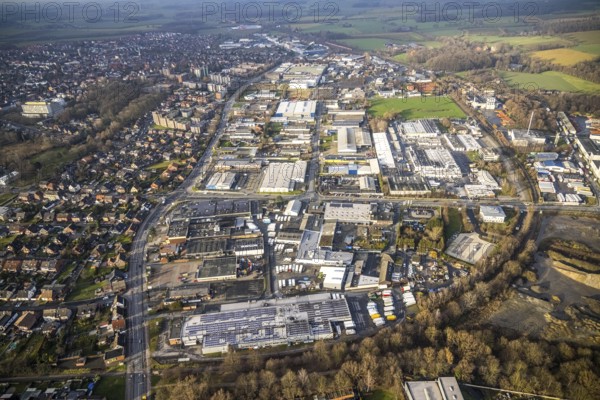 Commercial area Römerstraße, view of Bockum-Hövel, Hamm, Ruhr area, North Rhine-Westphalia, Germany, DE, Europe, distant view, commercial enterprises, commercial area, commercial area, commercial location, commercial use, industrial plants, industrial area, industrial location, colony, aerial view, aerial photograph, aerial photography, aerial photography, Rhine-Ruhr metropolitan region, overview, bird's-eye view, bird's-eye view, overview
