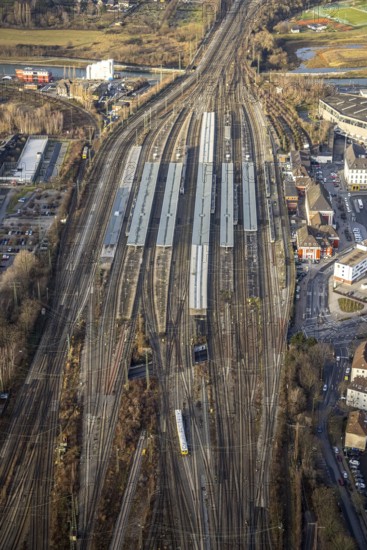 Aerial view Hamm main station in Hamm, Ruhr area, North Rhine-Westphalia, Germany, railway tracks, railway station, DE, Deutsche Bahn AG, Europe, railway tracks, Hamm, Hamm (Westf) main station, Hbf, aerial view, aerial photograph, aerial photography, aerial photography, Rhine-Ruhr metropolitan region, overview, bird's-eye view, bird's-eye view, overview