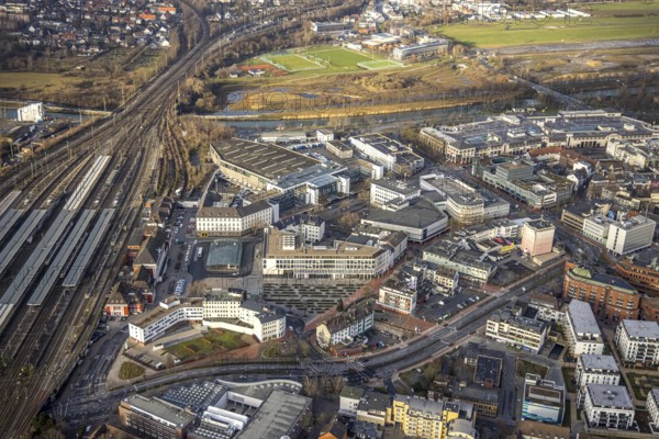 Aerial view Hamm main station with city centre view in Hamm, Ruhr area, North Rhine-Westphalia, Germany, railway tracks, railway station, DE, Deutsche Bahn AG, Europe, railway tracks, Hamm, Hamm (Westf) main station, Hbf, aerial view, aerial photograph, aerial photography, aerial photography, Rhine-Ruhr metropolitan region, overview, bird's-eye view, overview