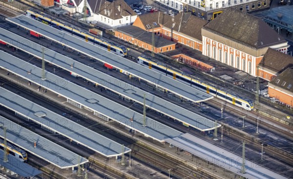 Aerial view Hamm main station in Hamm, Ruhr area, North Rhine-Westphalia, Germany, railway tracks, station, platform, DE, Deutsche Bahn AG, Europe, railway tracks, Hamm, Hamm (Westf) main station, Hbf, aerial view, aerial photograph, aerial photography, aerial photography, Rhine-Ruhr metropolitan region, overview, bird's-eye view, overview