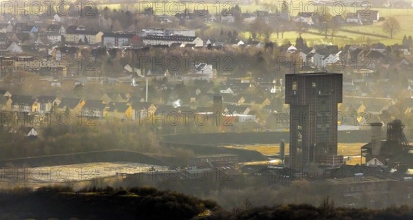 Aerial view with hammerhead tower in Ost Zeche Heinrich Robert colliery, CreativRevier in Wiescherhöfen, Hamm, Ruhr area, North Rhine-Westphalia, Germany, mine, Heinrich Robert colliery, DE, Europe, commercial enterprises, commercial area, commercial park, commercial location, commercial use, industrial plants, industrial area, industrial building, industrial site, aerial view, aerial photograph, aerial photography, aerial photography, Rhine-Ruhr metropolitan region, coal mine, tower, overview, bird's-eye view, birds-eyes view, former Ost colliery, historical, historical site, overview, destroyed building