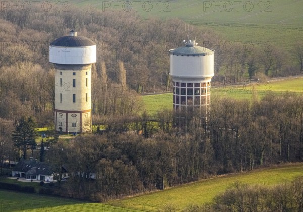 Aerial view water towers Hamm-Berge in Hamm, Ruhr area, North Rhine-Westphalia, Germany, DE, Europe, Hamm, aerial view, aerial photograph, aerial photography, aerial photography, Rhine-Ruhr metropolitan region, tower, overview, bird's eye view, water tower, birds-eyes view, overview