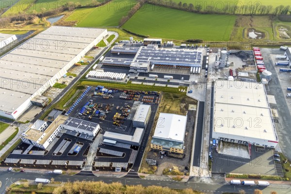 Aerial view southern extension of Rhynern industrial estate in Hamm, Ruhr area, North Rhine-Westphalia, Germany, DE, Europe, commercial enterprises, commercial area, commercial park, commercial location, commercial use, Hamm, industrial area, industrial building, industrial location, aerial photograph, aerial photography, aerial photography, aerial photography, Rhine-Ruhr metropolitan region, Oberster Kamp, overview, bird's-eye view, bird's-eye view, overview