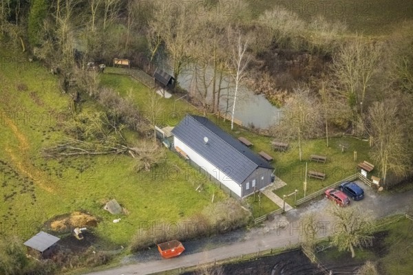 Aerial view of the nature lovers' hut Zum Eisernen Gustav in Hamm, Ruhr area, North Rhine-Westphalia, Germany, Baumstraße, DE, Europe, Hamm, aerial view, aerial photograph, aerial photography, aerial photography, Rhine-Ruhr metropolitan region, nature lovers' hut, overview, bird's eye view, birds-eyes view, overview