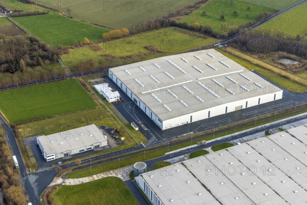 Aerial view southern extension of Rhynern industrial estate in Hamm, Ruhr area, North Rhine-Westphalia, Germany, DE, Europe, commercial enterprises, commercial area, industrial estate, commercial park, commercial location, commercial use, Hamm, industrial area, industrial building, industrial location, aerial photograph, aerial photography, aerial photography, aerial photography, Rhine-Ruhr metropolitan region, Oberster Kamp, overview, bird's-eye view, bird's-eye view, overview, DELTA Qualitätsstahl GmbH
