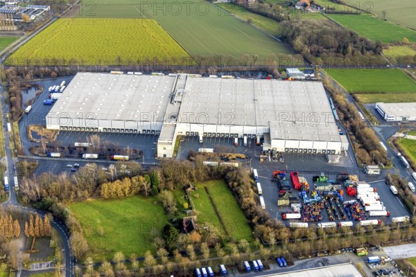 Aerial view southern extension of Rhynern industrial estate in Hamm, Ruhr area, North Rhine-Westphalia, Germany, DE, Europe, commercial enterprises, commercial area, commercial park, commercial location, commercial use, Hamm, industrial area, industrial building, industrial location, aerial view, aerial photograph, aerial photography, aerial photography, Rhine-Ruhr metropolitan region, Oberster Kamp, overview, bird's-eye view, overview, Netto Lager