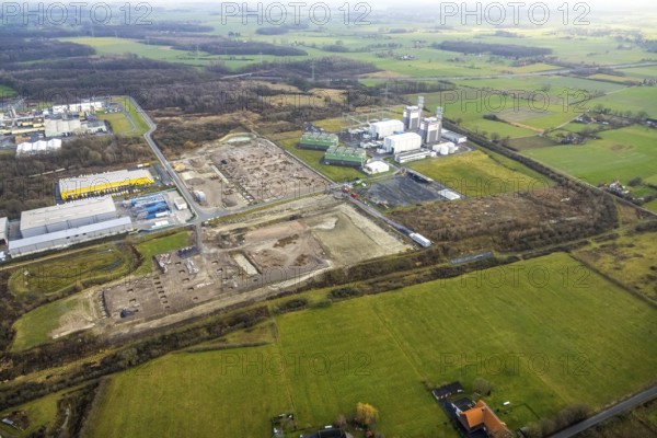 Aerial view Trianel gas power plant Hamm with construction site for Douglas distribution centre and construction site Hines in the district Uentrop in Hamm, Ruhr area, North Rhine-Westphalia, Germany, DE, Deutsche Post DHL - Mech ZB Hamm, Europe, Hamm, power plant, aerial view, aerial photograph, aerial photography, aerial photography, Rhine-Ruhr metropolitan region, overview, bird's-eye view, overview