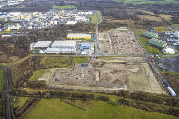 Aerial view construction site for Douglas distribution centre in Uentrop in Hamm, Ruhr area, North Rhine-Westphalia, Germany, DE, Deutsche Post DHL - Mech ZB Hamm, Europe, Hamm, aerial view, aerial photography, aerial photography, aerial photography, Rhine-Ruhr metropolitan region, overview, bird's-eye view, overview
