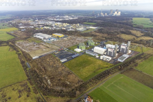 Aerial view Trianel gas power plant Hamm with construction site for Douglas distribution centre and construction site Hines in the district Uentrop in Hamm, Ruhr area, North Rhine-Westphalia, Germany, DE, Deutsche Post DHL - Mech ZB Hamm, Europe, Hamm, power plant, aerial view, aerial photograph, aerial photography, aerial photography, Rhine-Ruhr metropolitan region, overview, bird's-eye view, overview