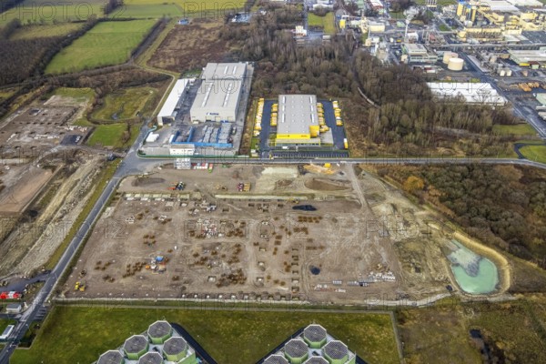 Aerial view construction site for Douglas distribution centre in Uentrop in Hamm, Ruhr area, North Rhine-Westphalia, Germany, DE, Deutsche Post DHL - Mech ZB Hamm, Europe, Hamm, aerial view, aerial photography, aerial photography, aerial photography, Rhine-Ruhr metropolitan region, overview, bird's-eye view, overview