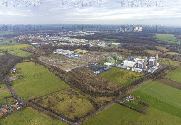 Aerial view Trianel gas power plant Hamm with construction site for Douglas distribution centre and construction site Hines in the district Uentrop in Hamm, Ruhr area, North Rhine-Westphalia, Germany, DE, Deutsche Post DHL - Mech ZB Hamm, Europe, Hamm, power plant, aerial view, aerial photograph, aerial photography, aerial photography, Rhine-Ruhr metropolitan region, overview, bird's-eye view, overview