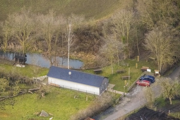 Aerial view of the nature lovers' hut Zum Eisernen Gustav in Hamm, Ruhr area, North Rhine-Westphalia, Germany, Baumstraße, DE, Europe, Hamm, aerial view, aerial photograph, aerial photography, aerial photography, Rhine-Ruhr metropolitan region, nature lovers' hut, overview, bird's eye view, birds-eyes view, overview