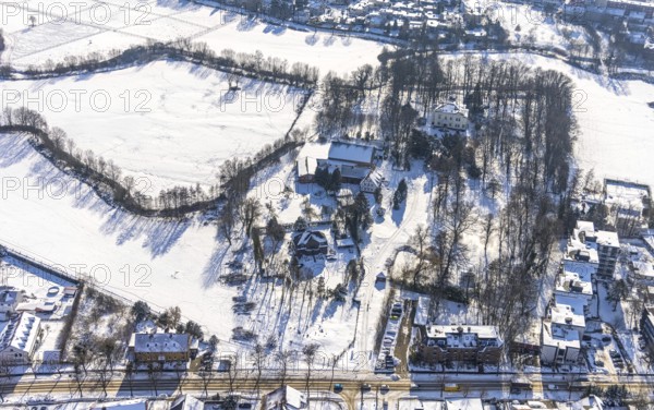 Aerial view, Haus Kentrop, Marker Allee, snow, felling in landscape conservation area, winter, centre, Hamm, Ruhr area, North Rhine-Westphalia, Germany, DE, Europe, aerial view, aerial photography, aerial photography, overview, bird's-eye view, birds-eyes, view, overview, Haus, Kentrop