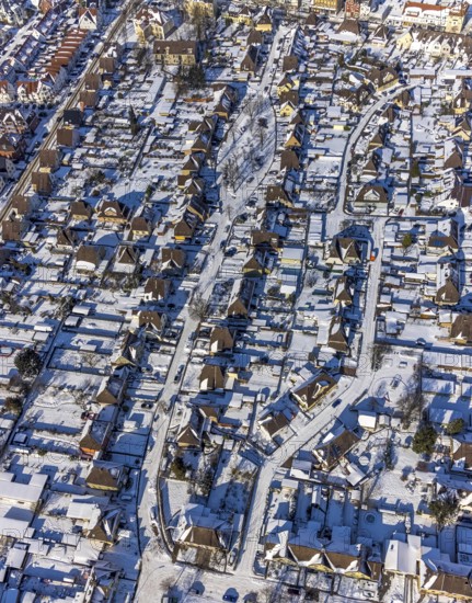 Aerial view, workers' settlement Maximilian, miners' settlement in winter, Uentrop, Hamm, Ruhr area, North Rhine-Westphalia, Germany, DE, Europe, aerial view, aerial photography, aerial photography, snow, overview, bird's-eye view, winter, birds-eyes view, overview, #residential area, #zechensiedlung