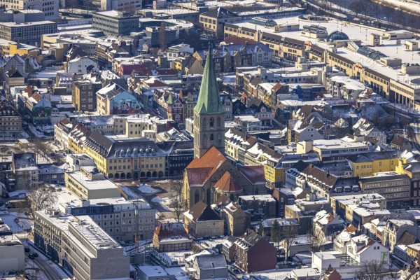 Aerial view, snow, winter, Protestant St. Paul's Church, Hamm-Mitte, Hamm, Ruhr area, North Rhine-Westphalia, Germany, DE, Europe, aerial view, aerial photography, aerial photography, overview, bird's-eye view, birds-eyes, view, overview, city centre, centre of town, city centre, church, religion, faith, worship, mass