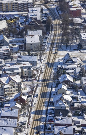 Aerial view, Alter Uentroper Weg, snow-covered, in front of snow removal, Uentrop, Hamm, Ruhr area, North Rhine-Westphalia, Germany, DE, Europe, aerial view, aerial photography, aerial photography, snow, overview, bird's-eye view, winter, birds-eyes, view, overview