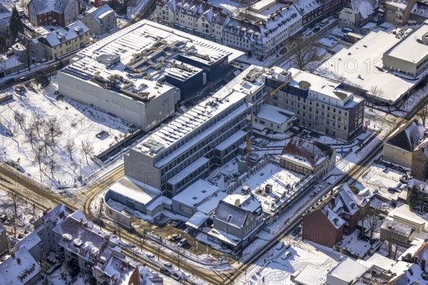 Aerial view, Cinemaxx cinema, Hamm, new building of the media house for the Westfälischer Anzeiger and Radio Lippewelle, winter, snow, centre, Ruhr area, North Rhine-Westphalia, Germany, DE, Europe, aerial view, aerial photography, aerial photography, overview, bird's-eye view, view, overview, media house, radio, newspaper, press, Cinemaxx, cinema, films, entertainment, leisure, culture