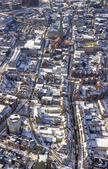 Aerial view, overview city centre Hamm in winter, snow-covered roofs, centre, Hamm, Ruhr area, North Rhine-Westphalia, Germany, DE, Europe, aerial view, aerial photography, aerial photography, snow, overview, bird's-eye view, winter, birds-eyes, view, overview, Hamm-Mitte, city centre, shopping, culture