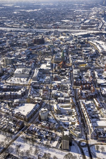 Aerial view, overview city centre Hamm in winter, snow-covered roofs, centre, Hamm, Ruhr area, North Rhine-Westphalia, Germany, DE, Europe, aerial view, aerial photography, aerial photography, snow, overview, bird's-eye view, winter, birds-eyes, view, overview, Hamm-Mitte, city centre, shopping, culture