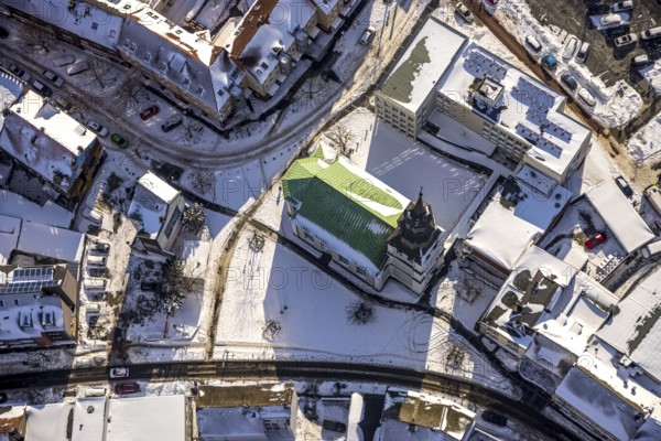 Aerial view, Renovated Protestant Youth Church Martin-Lutzher, Martin-Luther-Platz, snow, winter, green roof of the church, centre, Hamm, Ruhr area, North Rhine-Westphalia, Germany, DE, Europe, aerial view, aerial photography, aerial photography, overview, bird's-eye view, view, overview, Martin-Luther, place of worship, religion, faith, worship service, mass