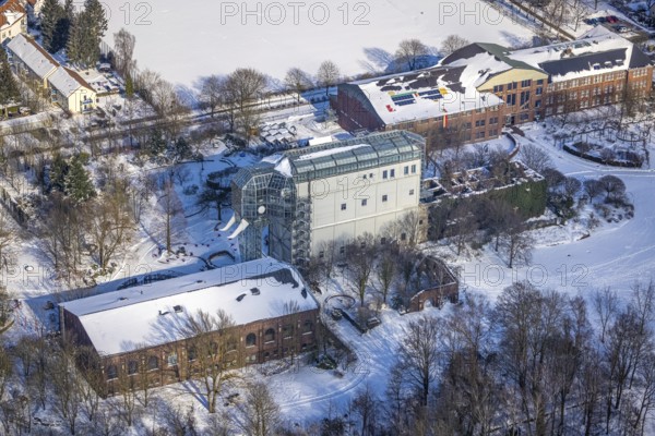Aerial view, Maxipark, Maximilianpark in winter, machine hall, glass elephant, former Maximilian colliery, Uentrop, Hamm, Ruhr area, North Rhine-Westphalia, Germany, DE, Europe, aerial view, aerial photography, aerial photography, snow, overview, bird's eye view, winter, birds-eyes, view, overview, mine, leisure, recreation, green spaces, flowers, trees, structural change
