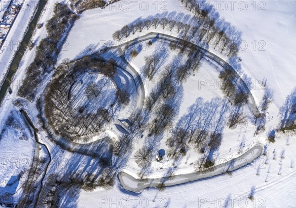 Aerial view, Burghügel Mark, snow, winter, Uentrop, Hamm, Ruhr area, North Rhine-Westphalia, Germany, DE, Europe, aerial view, aerial photography, aerial photography, overview, bird's-eye view, birds-eyes, view, overview, Burghügel, Mark