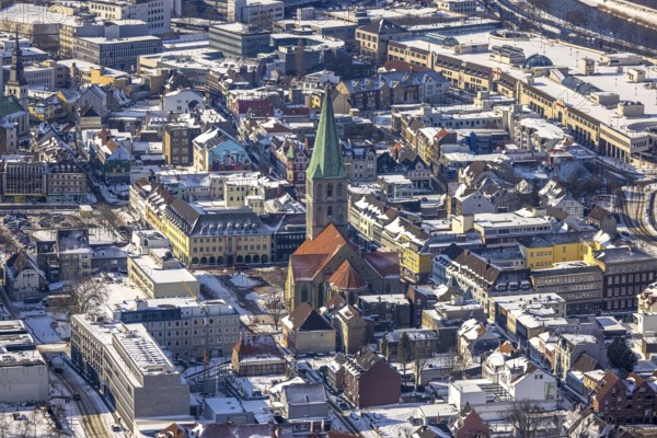 Aerial view, snow, winter, Protestant St. Paul's Church, Hamm-Mitte, Hamm, Ruhr area, North Rhine-Westphalia, Germany, DE, Europe, aerial view, aerial photography, aerial photography, overview, bird's-eye view, birds-eyes, view, overview, city centre, centre of town, city centre, church, religion, faith, worship, mass