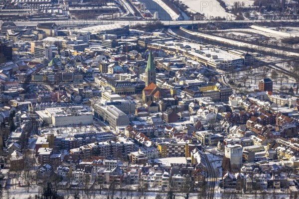 Aerial view, snow, winter, Protestant St. Paul's Church, Hamm-Mitte, Hamm, Ruhr area, North Rhine-Westphalia, Germany, DE, Europe, aerial view, aerial photography, aerial photography, overview, bird's-eye view, birds-eyes, view, overview, city centre, centre of town, city centre, church, religion, faith, worship, mass