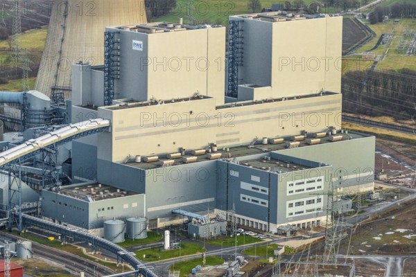 Aerial view of the RWE Westfalen power plant in Uentrop in Hamm, Ruhr area, North Rhine-Westphalia, Germany, DE, Europe, distant view, shapes and colours, Hamm, coal-fired power plant, cooling towers, aerial view, aerial photograph, aerial photography, aerial photography, Rhine-Ruhr metropolitan region, tower, overview, bird's-eye view, twin towers, birds-eyes view, overview