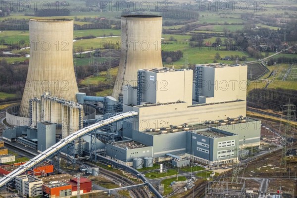 Aerial view of the RWE Westfalen power plant in Uentrop in Hamm, Ruhr area, North Rhine-Westphalia, Germany, DE, Europe, distant view, shapes and colours, Hamm, coal-fired power plant, cooling towers, aerial view, aerial photograph, aerial photography, aerial photography, Rhine-Ruhr metropolitan region, tower, overview, bird's-eye view, twin towers, birds-eyes view, overview