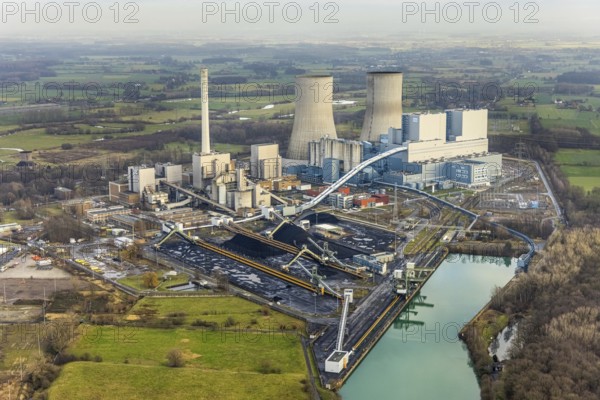 Aerial view of the RWE Westfalen power plant in Uentrop in Hamm, Ruhr area, North Rhine-Westphalia, Germany, DE, Europe, distant view, shapes and colours, Hamm, coal-fired power plant, cooling towers, aerial view, aerial photograph, aerial photography, aerial photography, Rhine-Ruhr metropolitan region, tower, overview, bird's-eye view, twin towers, birds-eyes view, overview