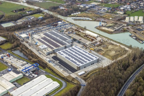 Aerial view Goldbeck concrete elements at the Datteln-Hamm Canal in Hamm, Ruhr area, North Rhine-Westphalia, Germany, DE, Datteln-Hamm Canal, Europe, Frielinghauser Straße, commercial enterprises, commercial area, commercial park, commercial location, commercial use, Hamm, industrial area, industrial building, industrial site, aerial view, aerial photograph, aerial photography, aerial photography, metropolitan region Rhine-Ruhr, photovoltaic, photovoltaic plant, solar, solar plant, solar energy, solar energy, overview, bird's-eye view, birds-eyes view, overview