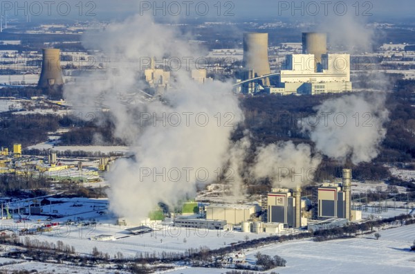 Aerial photo, Trianel Gaskraftwerk Hamm GmbH & Co. KG, GUD, winter, snow, Uentrop, Hamm, Ruhr area, North Rhine-Westphalia, Germany, DE, Europe, aerial view, aerial photography, aerial photography, overview, bird's-eye view, view, overview, energy, wind energy, power plant, electricity, power supply, electricity, power generation, power production