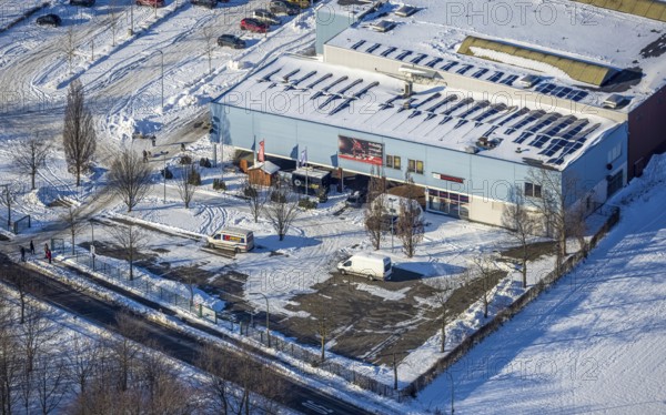 Aerial view, ice rink, winter, snow, Uentrop, Hamm, Ruhr area, North Rhine-Westphalia, Germany, DE, Europe, aerial photography, aerial photography, aerial photography, overview, bird's-eye view, view, overview, bowling, sports, exercise, leisure, fitness, fun, ice sports, ice hockey, ice skating