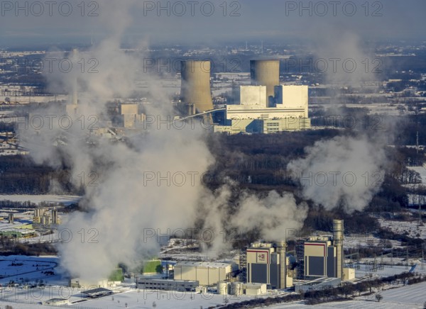 Aerial photo, Trianel Gaskraftwerk Hamm GmbH & Co. KG, GUD, winter, snow, Uentrop, Hamm, Ruhr area, North Rhine-Westphalia, Germany, DE, Europe, aerial view, aerial photography, aerial photography, overview, bird's-eye view, view, overview, energy, wind energy, power plant, electricity, power supply, electricity, power generation, power production