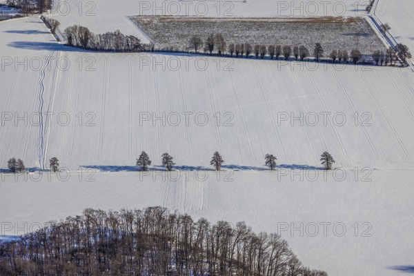 Aerial photo, snow-covered fields, winter, Uentrop, Hamm, Soester Börde, North Rhine-Westphalia, Germany, Soester, Börde, DE, Europe, birds-eyes, view, aerial photography, aerial photography, aerial photography, overview, overview, bird's eye view, snow