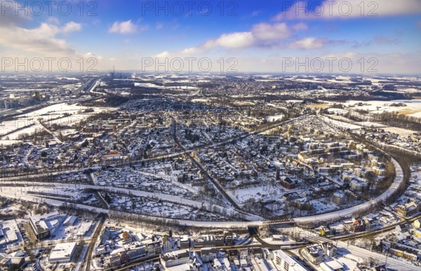 Aerial view, overview Hamm-Heessen from the centre in west direction, snow, winter, Hamm, Ruhr area, North Rhine-Westphalia, Germany, DE, Europe, aerial view, aerial photography, aerial photography, overview, bird's eye view, birds-eyes, view, overview