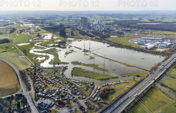 Aerial view, Lippemäande, Lippe with flood, Schmehauser Mersch, Campingplatz Uentrop Helbach GmbH, flooding, Lippborg, Lippetal, Ruhr area, North Rhine-Westphalia, Germany, DE, Europe, birds-eyes view, aerial photography, aerial photography, overview, overview, bird's eye view, Camping an dHochwasser, er motorway bridge