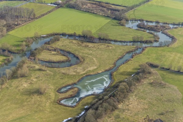 Aerial view, nature reserve Oberwerrieser Mersch, Lippemäander, flood, Uentrop, Hamm, Ruhr area, North Rhine-Westphalia, Germany, DE, Europe, birds-eyes view, aerial photograph, aerial photography, aerial photography, overview, overview, bird's eye view