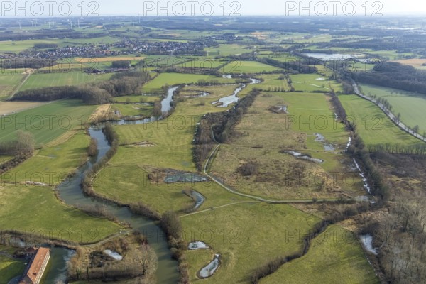 Aerial view, nature reserve Oberwerrieser Mersch, Lippemäander, flood, Uentrop, Hamm, Ruhr area, North Rhine-Westphalia, Germany, DE, Europe, birds-eyes view, aerial photograph, aerial photography, aerial photography, overview, overview, bird's eye view