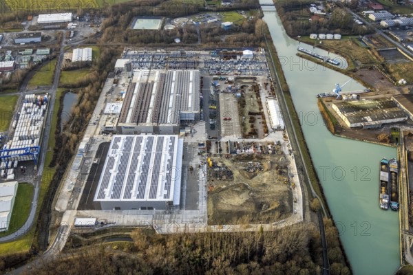 Aerial view Goldbeck concrete elements at the Datteln-Hamm Canal in Hamm, Ruhr area, North Rhine-Westphalia, Germany, DE, Datteln-Hamm Canal, Europe, Frielinghauser Straße, commercial enterprises, commercial area, commercial park, commercial location, commercial use, Hamm, industrial area, industrial building, industrial site, aerial view, aerial photograph, aerial photography, aerial photography, metropolitan region Rhine-Ruhr, photovoltaic, photovoltaic plant, solar, solar plant, solar energy, solar energy, overview, bird's-eye view, birds-eyes view, overview