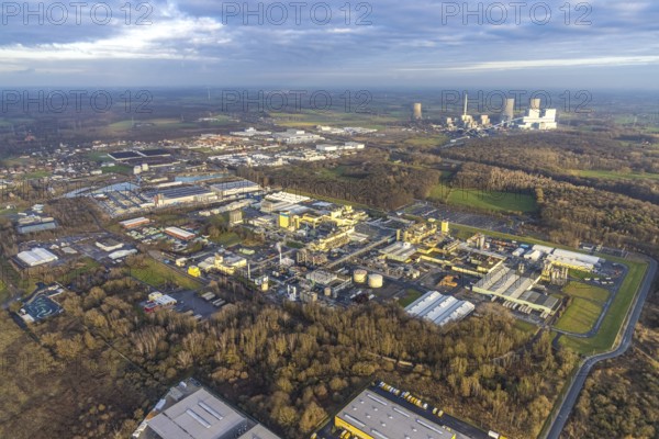 Aerial view DuPont and DuBay Polymer GmbH and Goldbeck Betonelemente and RWE power plant Westfalen in the district of Uentrop in Hamm, Ruhr area, North Rhine-Westphalia, Germany, DE, Europe, joint venture of the LANXESS and DuPont groups, commercial enterprises, commercial area, commercial park, commercial site, commercial use, Hamm, industrial area, industrial building, industrial site, aerial view, aerial photograph, aerial photography, aerial photography, Rhine-Ruhr metropolitan region, overview, bird's-eye view, birds-eyes view, overview